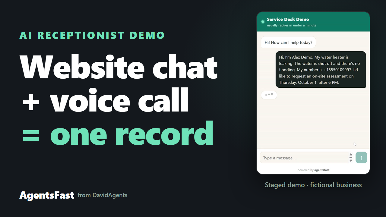 AI receptionist demo: website chat and voice call on one record, beside real footage from the staged demo.