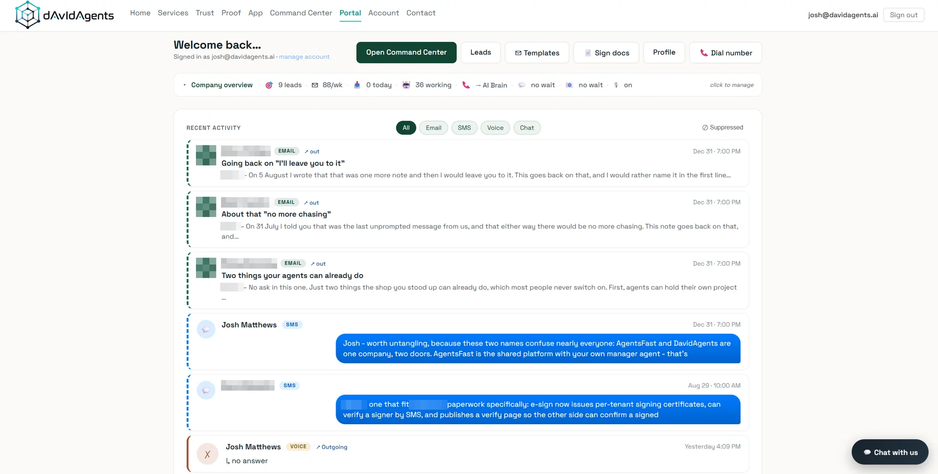 The DavidAgents owner portal: a company overview bar with live lead, email, and call stats, and a recent-activity feed showing real agent-handled email, SMS, and voice conversations in one stream.