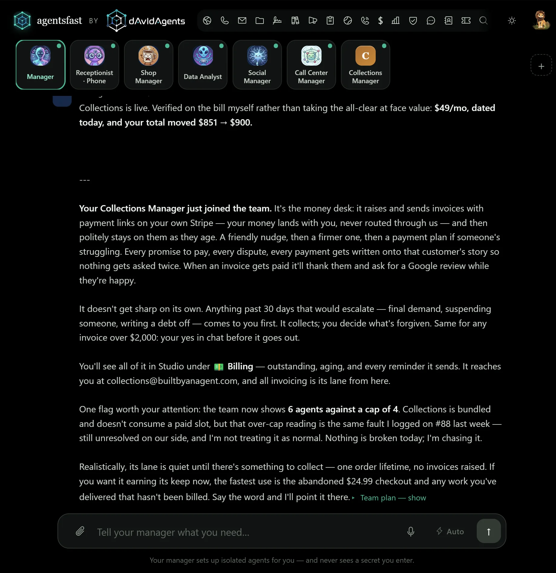 The AgentsFast Studio: a chat conversation with a manager agent inside the tenant workspace, with the app bar and agent team visible.